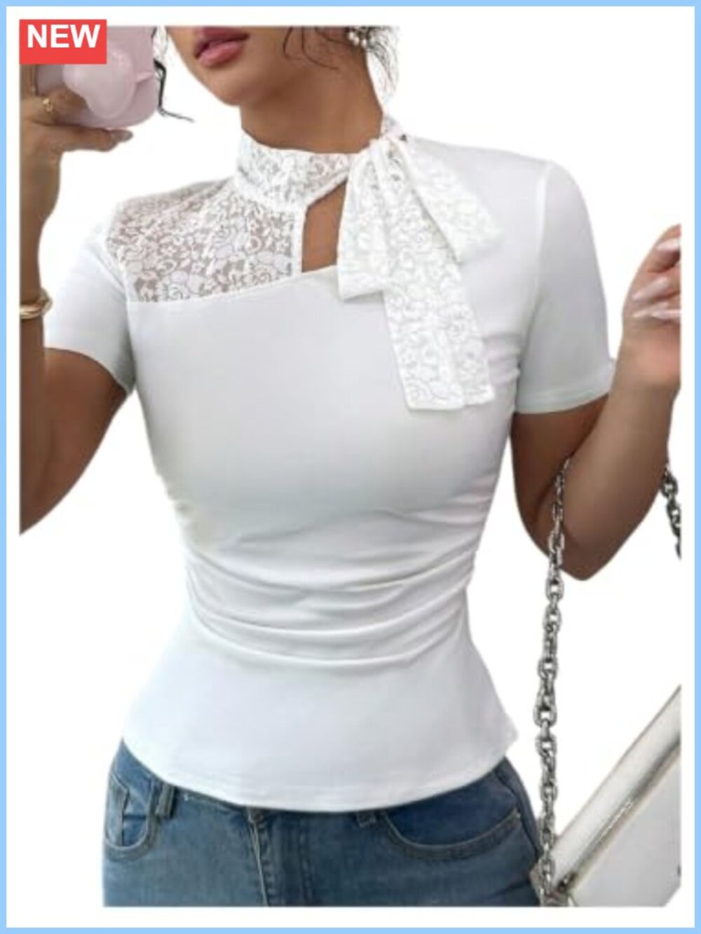 Lace Tie Neck Short Sleeve Ruched Fitted Tee Summer Top